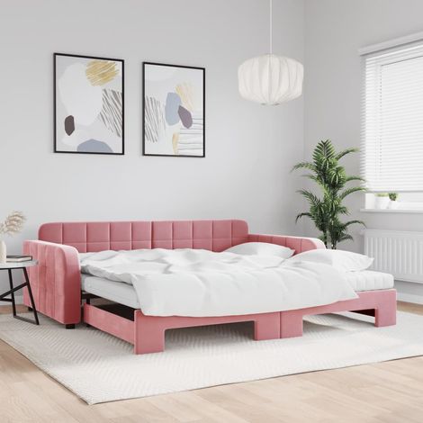 Sofá cama nido con colchón terciopelo rosa 100x200 cm (1/5)