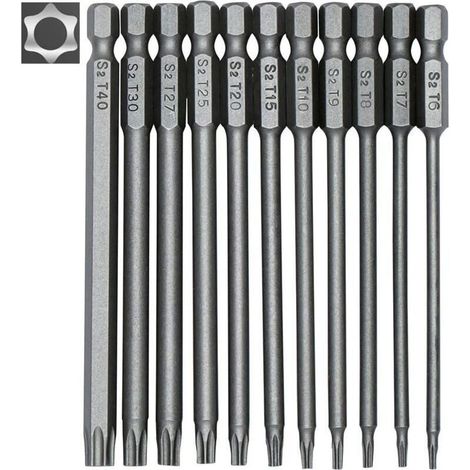 Jeu de 11 embouts longs Torx pour tournevis et visseuse électrique - Embouts magnétiques - Tige hexagonale de 1/4" - Tailles T6 à T40 - Longueur 100 mm (1/4)