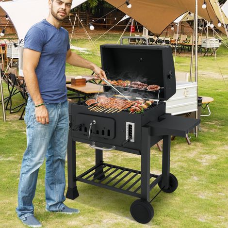 Barbecue tonneau au charbon 24 pouces avec grille réglable, 2 tablettes pliantes et thermomètre pour jardin, terrasse et plein air (1/5)