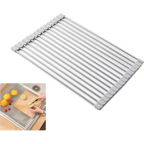 GENERIC-Séchoir À Vaisselle Roll-Up, 100% sans BPA Pliable évier égouttoirs idéal pour Les Fruits, légumes, Assiette, Silicone recouvert d'acier Inoxydable, 37x26cm Gris (1/5)