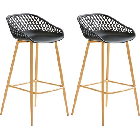 Idimex – Lot de 2 tabourets de bar – Assise en plastique noir – Pieds en métal chêne sonoma – Hauteur d'assise 75 cm – Design scandinave moderne