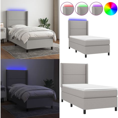 Cama box spring colchón y luces LED tela gris claro 100x200 cm - Colchón con luces LED - Cama con luz LED