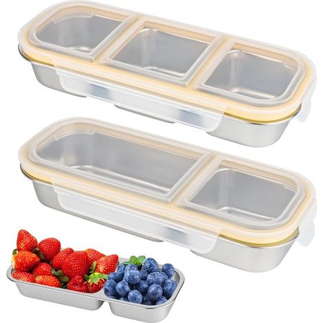 Set mit 2 Snackboxen mit Fächern 2 und 3 Fächer aus Edelstahl wiederverwendbare Bento Boxen für Erwachsene mit luftdichtem Deckel für Kindergarte (1/5)
