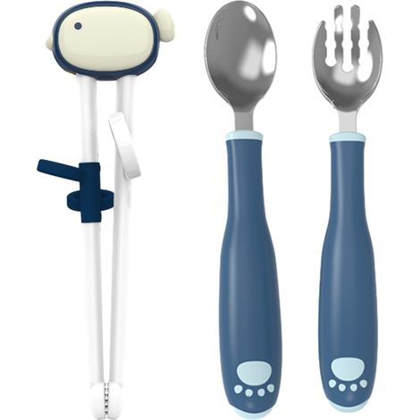 Couverts Enfant Acier Inoxydable - Cuillère Fourchette Baguettes Apprentissage Autoalimentation - Pour Bébé À Partir De 12 Mois - Lot De 3 Pièces (1/5)