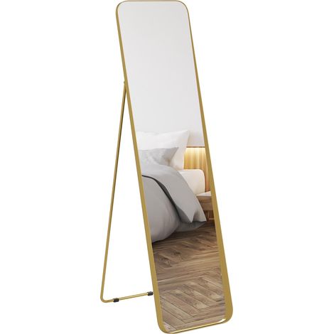 Miroir sur pied inclinable avec cadre en métal et MDF, dimensions 160 x 40 cm, finition couleur or élégante, design moderne et fonctionnel pour chambre ou entrée