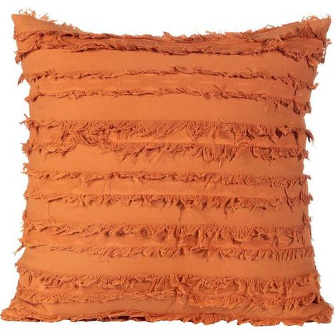 Housse de Coussin Décorative 45x45cm Boho avec Pompons, Taie d'Oreiller en Coton et Lin Rayé, Cache-Coussin pour Canapé Salon Chambre, Orange Lot de 2 (1/5)