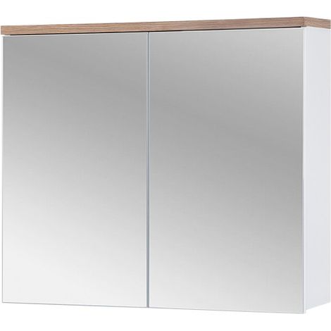 Mobile bagno ERMANO – Rovere chiaro e bianco lucido – 80x70 cm – 2 porte a specchio – Da appendere