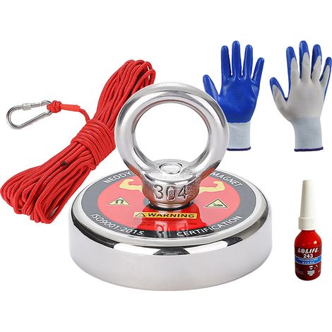 Magnetisches Bergungsset, Neodym-Magnet-Set mit einer maximalen Zugfestigkeit von 75 kg, leistungsstarker Bergungsmagnet mit 10 m rotem Seil, Handschuhen und Schraubensicherung, zur Unterwasser-Metall (1/5)