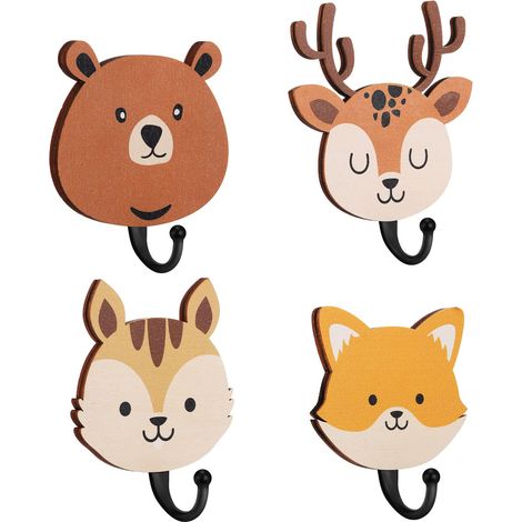 Ensemble de 4 patères murales en bois à motif de chasse pour enfants, patères, décoration inspirée des animaux de la jungle pour chambre de bébé