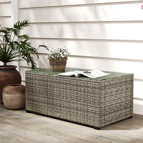 Table Basse de Jardin Table d'Appoint en Résine Tressée - Plateau en Verre Trempé, 90x50x38cm, Gris Foncé