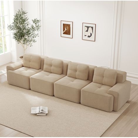 REDOM - Sofá modular 4 plazas, confort efecto nube, asiento profundo, base antideslizante, tejido corduroy beige (1/5)