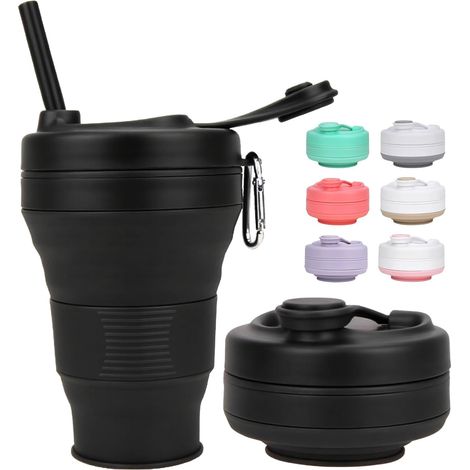 Gobelet pliable en silicone noir de 600 ml avec couvercle en plastique et paille, sans BPA, réutilisable et portable. Idéal pour les voyages, le camping, les pique-niques, la randonnée et les activité