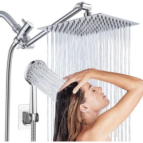 Shower Head, 8 Inch Rain Shower Head with Handheld Spray Combo with On/Off Pause Switch and 11 Inch Adjustable Angle Extension Arm/Flow Regulator, Easy Clean High Pressure Nozzle, Chrome, Silver (1/5)