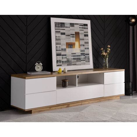 Meuble TV design bicolore, blanc et finition bois, 180 cm, meuble bas pour salon, rangement élégant, style scandinave, grande télévision, étagère média, robuste et moderne. (1/5)