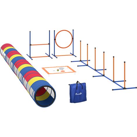 Équipement d'Agilité pour Chien 12 Pièces. 4 Tunnels. Sauts Ajustables. Anneau. Slaloms. 357x65x68cm. Multicolore
