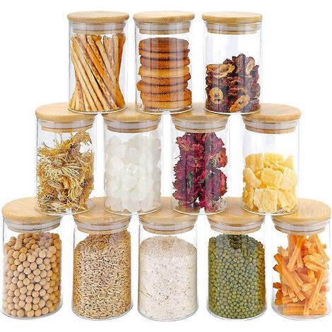 12 pièces bocaux verre ensemble 300Ml transparent pots épices bambou couvercles aliments rangement bocaux boîtes (1/5)