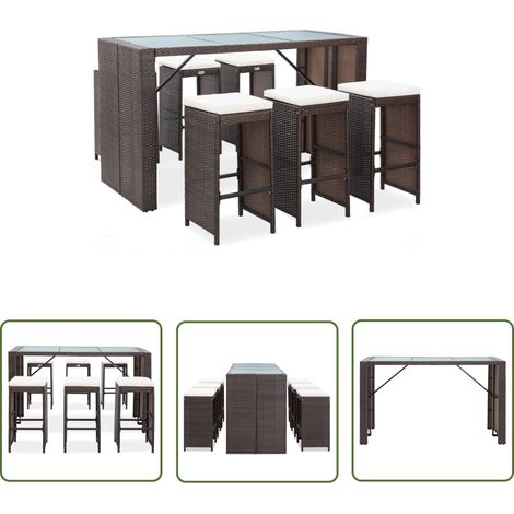 The Living Store 7-tlg. Gartenbar-Set mit Auflagen Poly Rattan Braun - Gartensets - Gartenbar - Barhocker - Rattan Möbel - Outdoor Furniture (1/5)