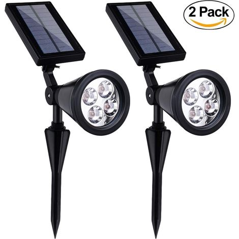 Lot de 2 projecteurs solaires d'extérieur, 4 LED monochromes avec détecteur de luminosité, pour terrasse, allée, pelouse et arbres de jardin. Étanche, lumière blanche. (1/5)
