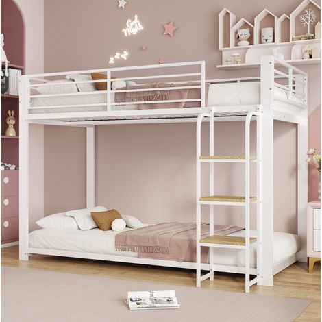 Litera infantil de metal con escalera de madera, barrera de seguridad, blanca, 90x200 (1/5)
