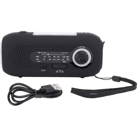 Radio Météo d'Urgence Solaire Manivelle LED 5W USB-C Batterie 2000mAh SOS Compacte Noire ABS Robuste pour Randonnée et Kit Survie (1/5)