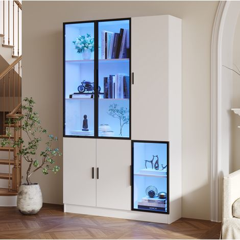 Vitrina con puertas de vidrio e iluminación LED, 120 x 35 x 200 cm, blanca DESVIAE (1/5)