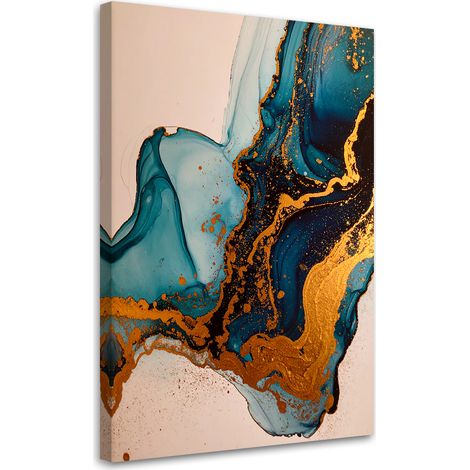 Stampe su Tela, Astrazione turchese e oro con forme fluide effetto marmo. - 20x30 (1/2)