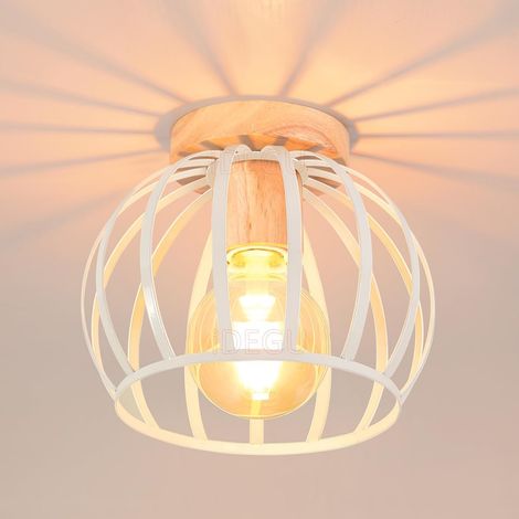 1 Plafonnier Industriel, Design Géométrique Cage Métal Bois, Douille E27, Pour Salon Chambre Couloir