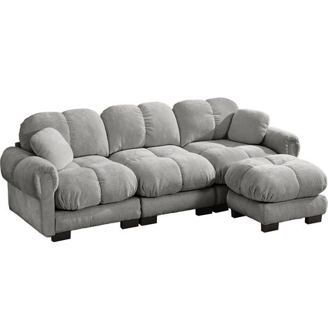 Canapé d'angle en chenille 3 places avec ottomane mobile et 2 coussins décoratifs, gris clair (1/5)