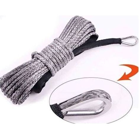 gris Câble de Treuil Synthétique avec Gaine, Cordes Remorquage Synthétique à 12 Brins 7700lbs pour Voiture Camion, 6 mm x 15 m (1/4)