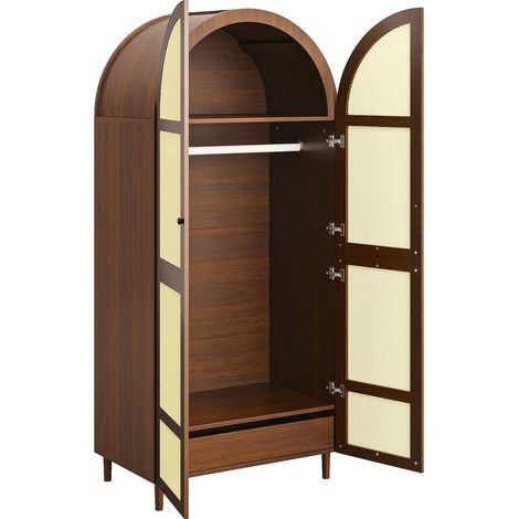 Moderner Kleiderschrank mit geschwungenen Türen, Kleiderstange und Schubladen, Nussbaumoptik (1/5)