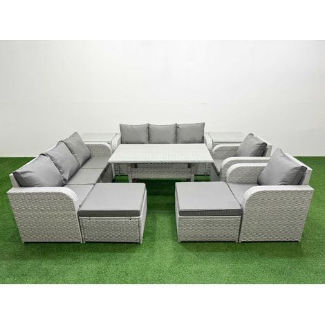 Fimous PE Rattan High Back Lounge Sofa Set Patio Rectangular Dining Table & Chairs Set with 3 Seater Sofa Reclining Chair 2 Big Footstool 2 Side Table Light Grey (1/4)
