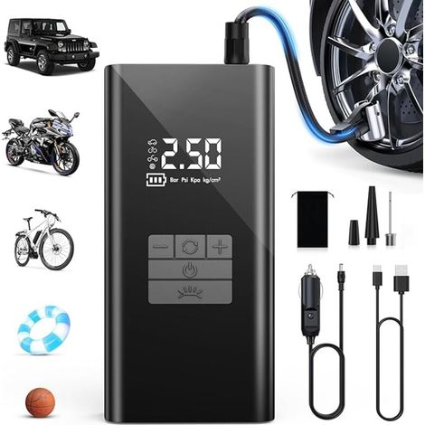 Compresseur à Air Portatif 45L/min avec Batterie 6000mAh - Gonfleur Pneus Voiture Rapide, Support Banque d'Énergie, Éclairage LED - 4 Modes - Idéal pour Voitures, Vélos, Motos, Ballons (1/4)