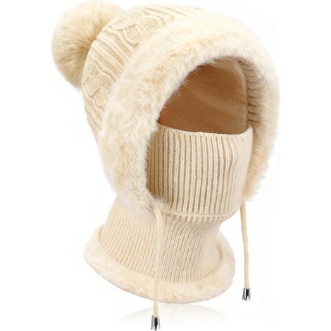 Damen Strickmütze 3-in-1 mit Fleece-Futter und Gesichtsmaske, Beige (1/5)