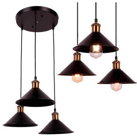 Lustre Industriel Noir, Luminaire Plafonnier Suspendu Vintage, Abat-jour Rétro en Fer, Réglable en Hauteur pour Cuisine Île Salle À Manger Café Salon(Disque) (1/5)
