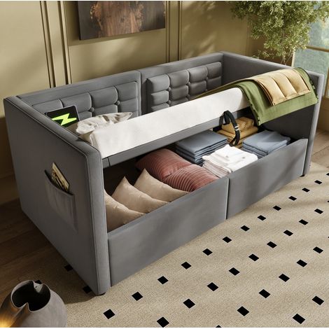 Bettsofa 90x190 cm modern aus Samt Grau mit 3-seitigem Kopfteil, hydraulischem Stauraum und USB/Type-C (1/5)