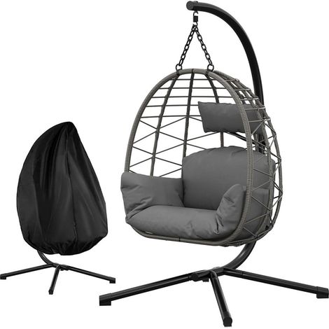 Hängesessel mit Gestell, wetterfestes Rattan, bis 150 kg, inkl. Polster & Schutzhülle, Grau (1/5)