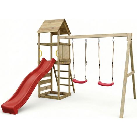 Parco giochi in legno Maxplay 2.2 con scivolo rosso, doppia altalena e torre (1/5)