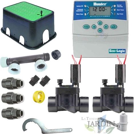 Kit di irrigazione automatico Hunter 24V a 2 zone per tubi da 32 mm  Include programmatore, elettrovalvole e accessori
