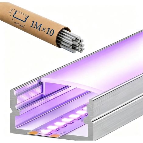 Lot de 10 profilés LED en aluminium, 1 m x 10 pièces, profilés en U avec couvercle en argent et blanc, 17 x 7 mm, pour bandes LED jusqu'à 12,4 mm, avec kit de fixation pour plafond et mur (1/5)
