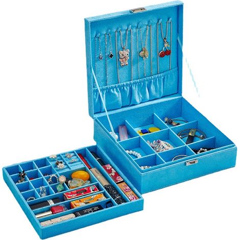 Boîte de rangement/présentoir à bijoux portable à double couche et grande capacité (bleu)