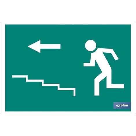Panneau lumineux 210x148mm avec flèche vers la gauche indiquant la sortie d'escalier.