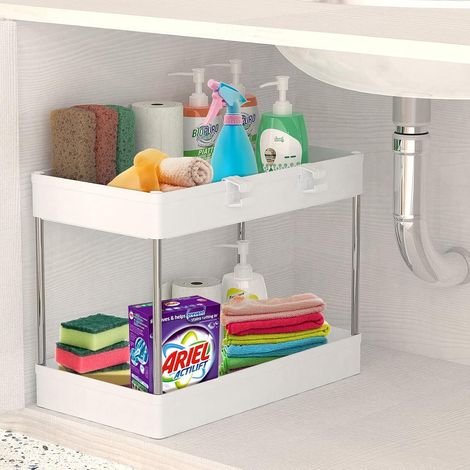 Organisateur sous évier, étagère de rangement à 2 niveaux pour sous évier, étagère sur pied pour salle de bain, paniers coulissants avec crochets, étagère de rangement multifonctionnelle pour salle de (1/5)
