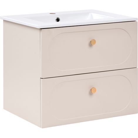 Mueble de pared para baño con lavabo 2 cajones tiradores dorados mueble suspendido beige Tarumir (1/5)