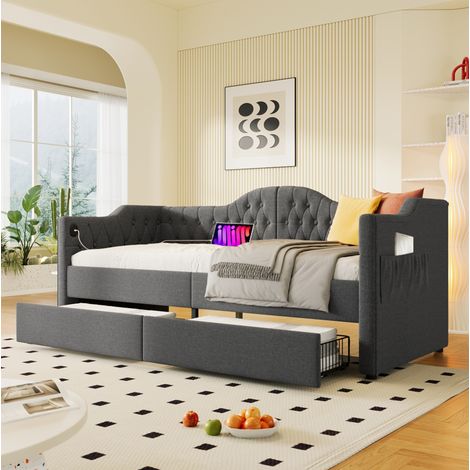 Tagesbett mit 2 Schubladen und USB-C 90x200 Grau OKMYHOME (1/5)