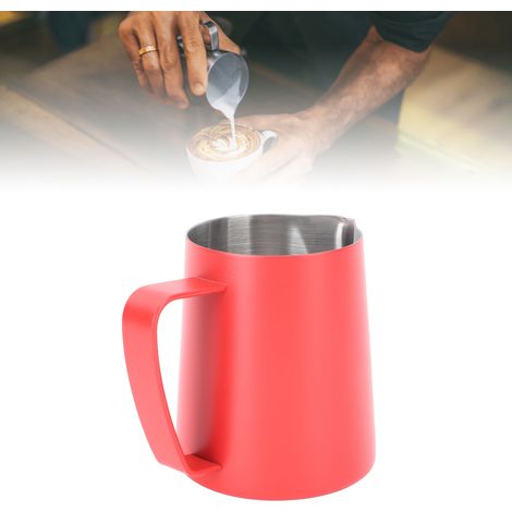 Tasse à latte art en acier inoxydable 304 de 350 ml avec graduation intérieure et bec verseur pointu, rouge (1/5)