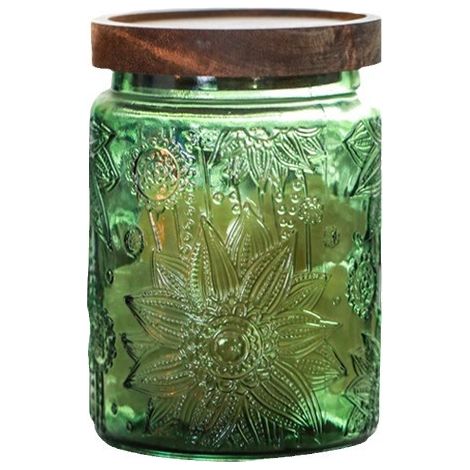Bocal en verre avec couvercle en bois massif, motif tournesol, 700 ml, vert () (1/4)