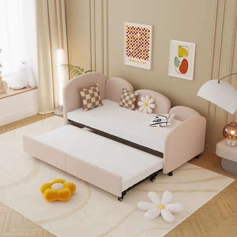 Letti con letti estraibili 90x200 cm divano letti 2 letti, letti estraibile con rotelle, spazio contenitore, velluto, rosa, senza materasso