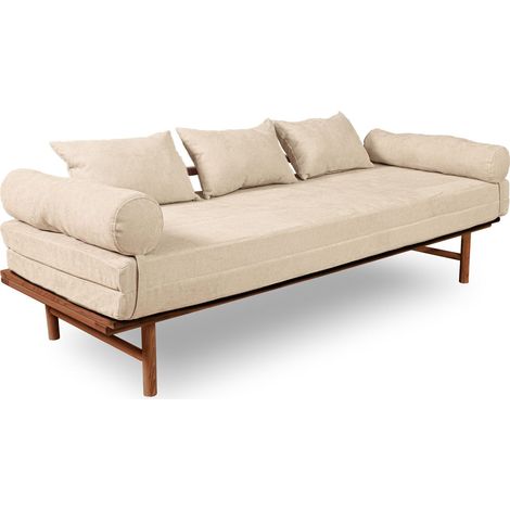 Canapé Lit Convertible Design en Tissu Beige et Bois - 140 x 200 cm - Bois clair et Beige (1/5)