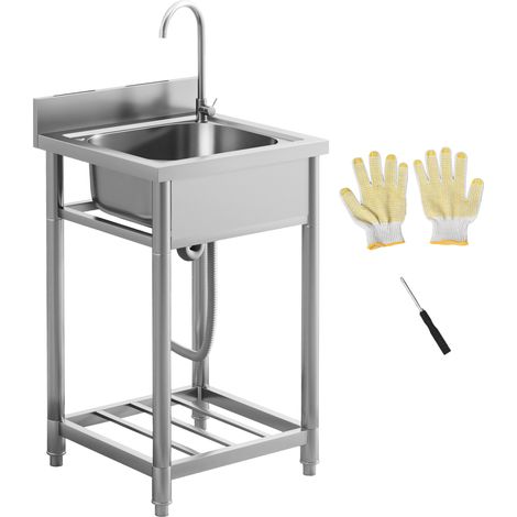 Outdoor Utility Sink, Stainless Steel Free Standing Single Bowl Kitchen Sink with Cold and Hot Water Pipe and Storage Shelf for Laundry Garage, 55 x 50 x 100 cm (1/5)