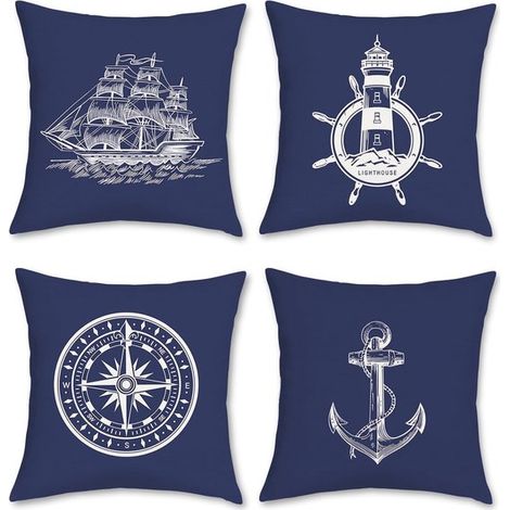 Fundas de cojín náuticas de 45x45 cm con ancla y brújula, juego de 4, fundas decorativas de poliéster y lino para el hogar y el patio. (1/5)